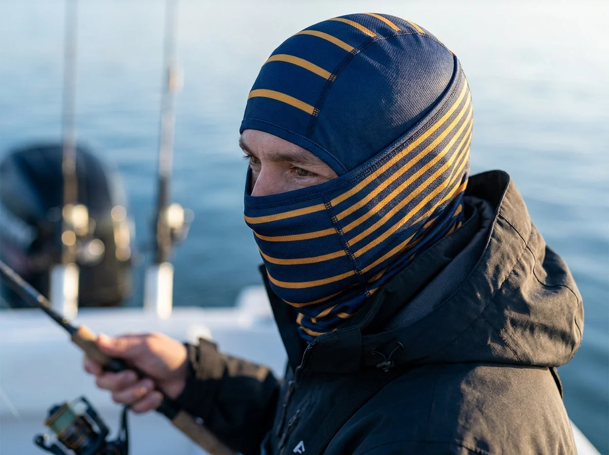 Custom fishing neck gaiter worn as a balaclava in cold weather