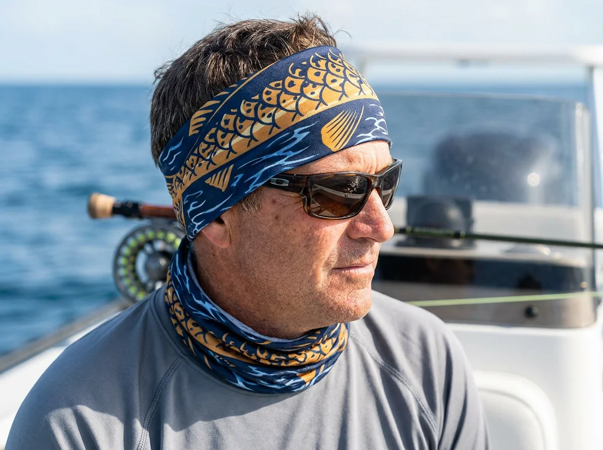 Custom fishing neck gaiter folded as a headband