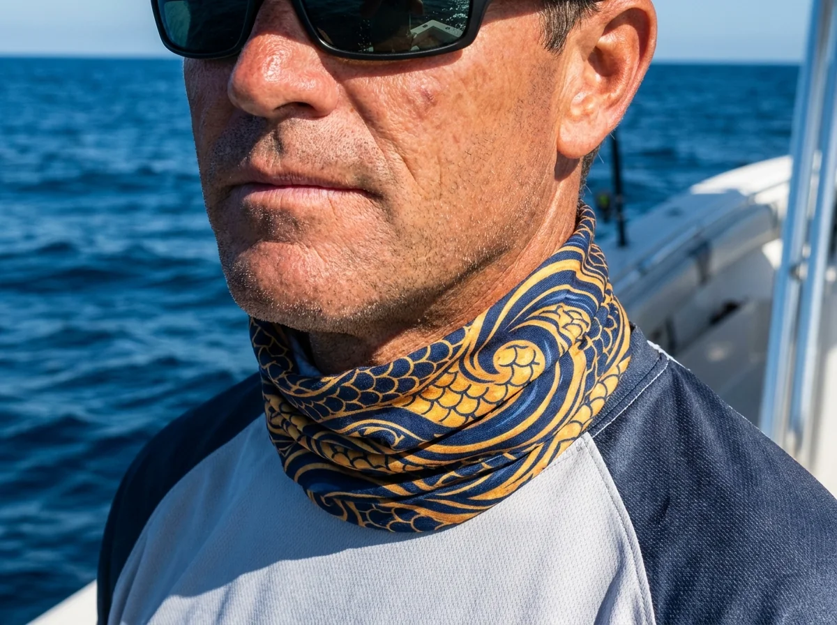 Custom fishing neck gaiter worn as a neck tube on the water