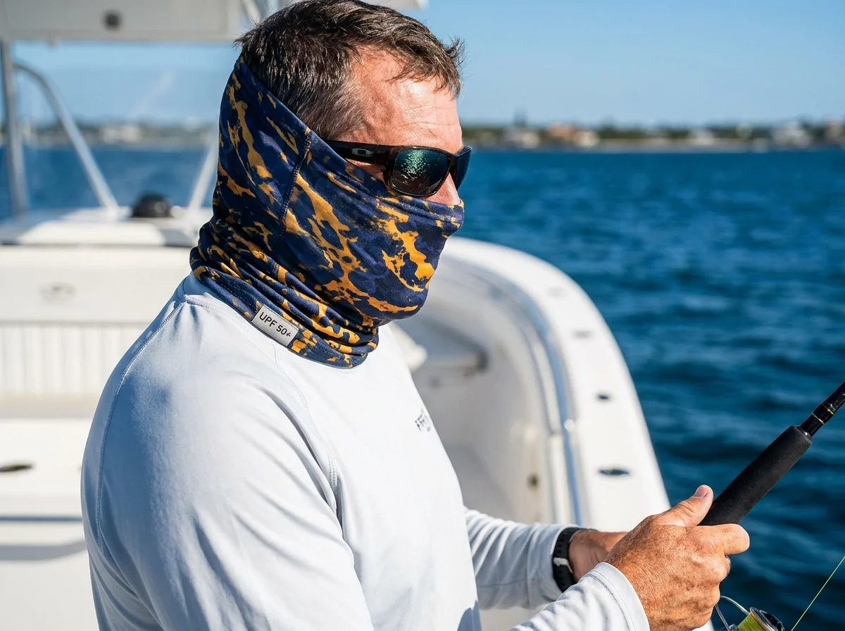 Fishing neck gaiter worn as a UPF 50+ face mask for sun protection