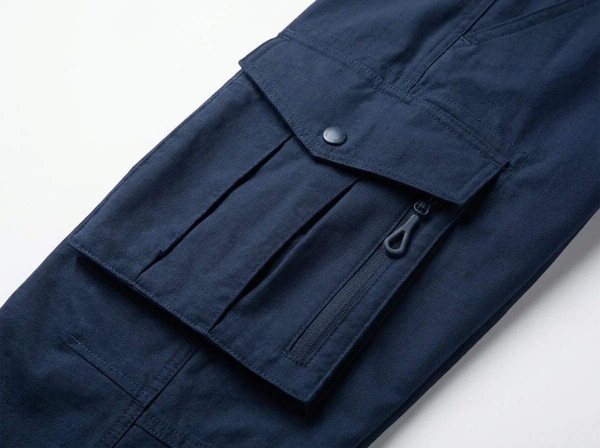Close-up of cargo pocket with bellows expansion on custom fishing pants