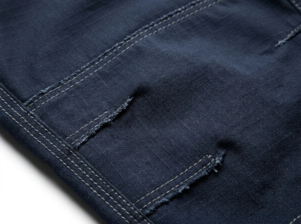 Macro close-up of reinforced double-layer knee construction on fishing pants