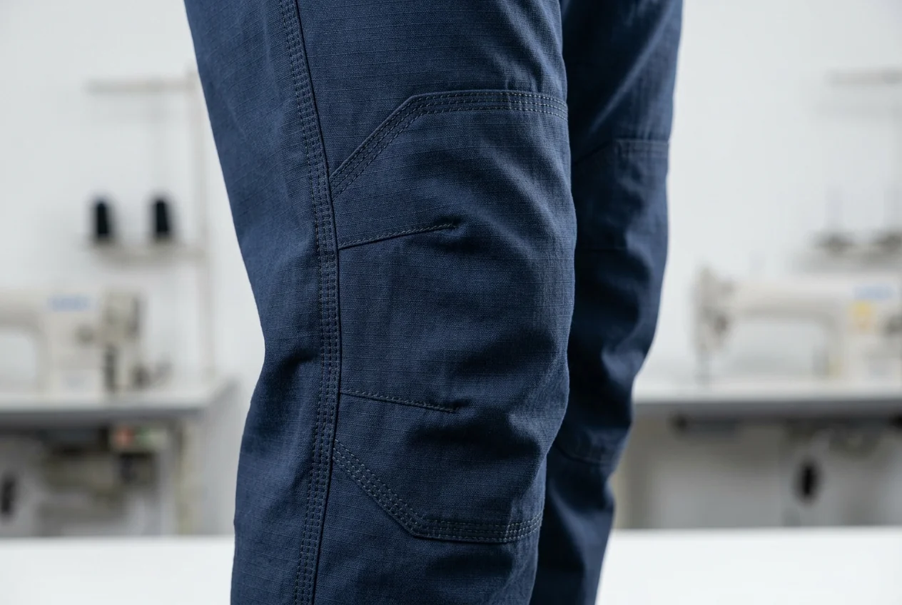 Double-layer reinforced knee panel construction on custom fishing pants