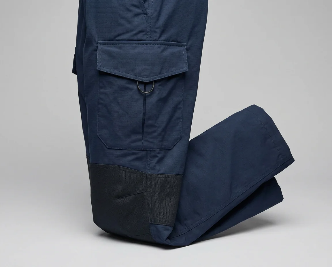 Side view detail of custom fishing pants showing cargo pocket and reinforced knee panel