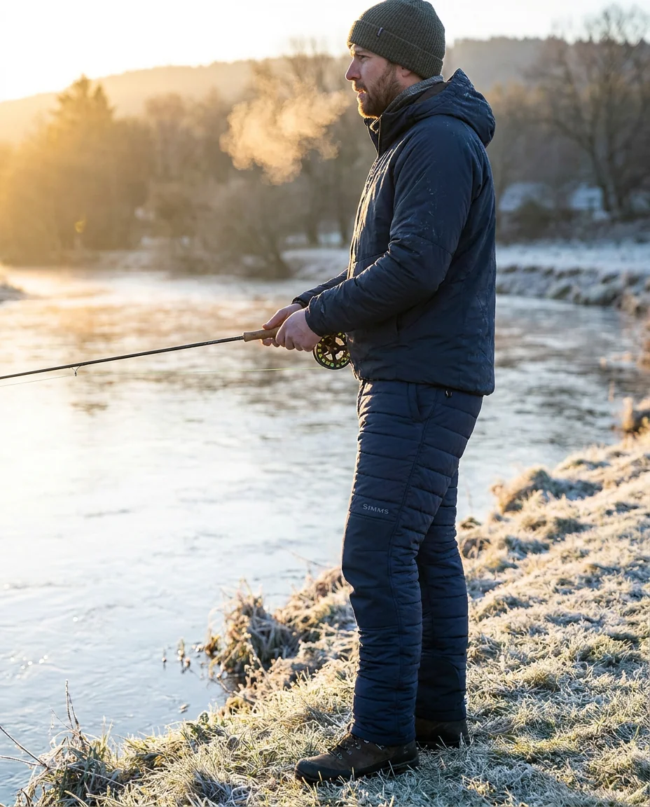 Insulated fishing pants with synthetic fill for cold weather and early season fishing