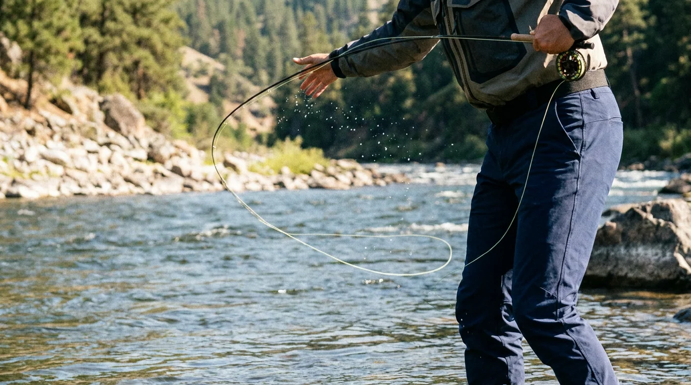 Fly fishing angler casting in stretch fishing pants for full motion