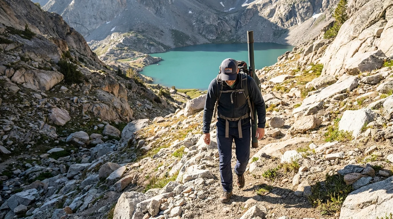 Hiking to remote fishing spot wearing stretch fishing pants