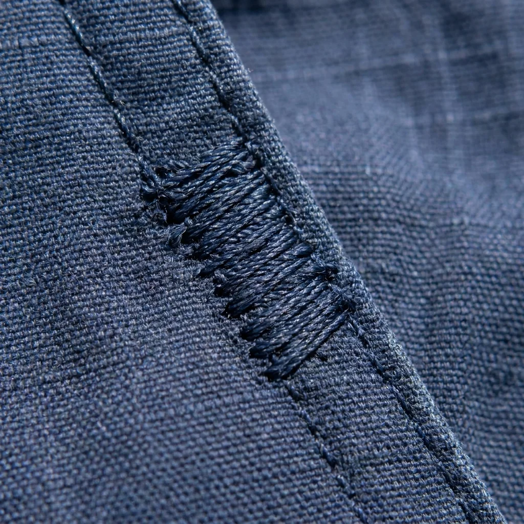 Bartack reinforcement stitching closeup on fishing shorts stress points