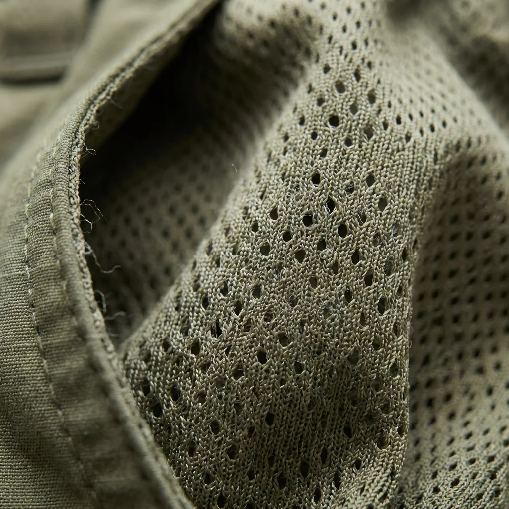 Mesh pocket lining closeup on fishing shorts for breathability