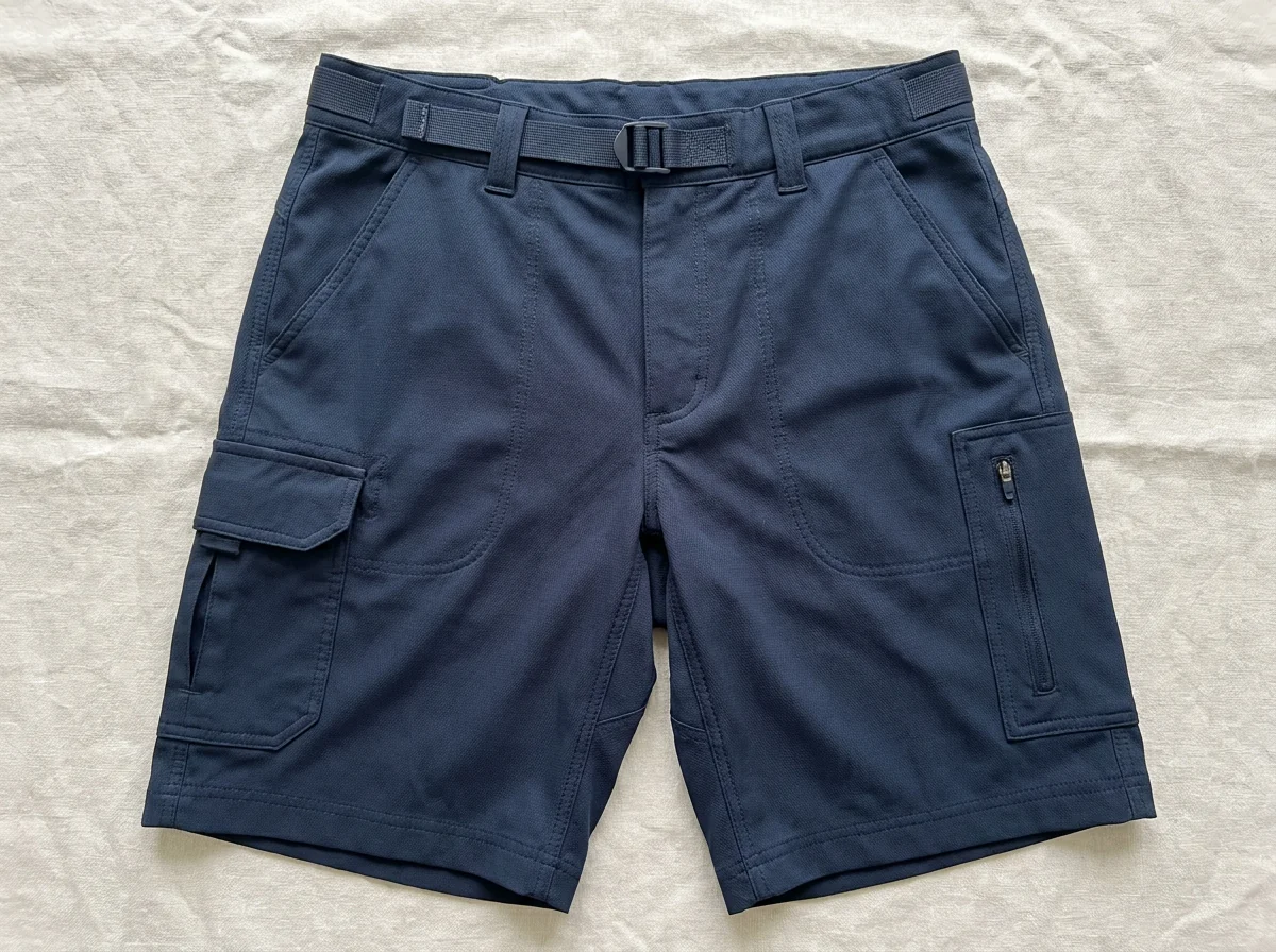 Custom fishing shorts laid flat showing functional pocket and waistband details