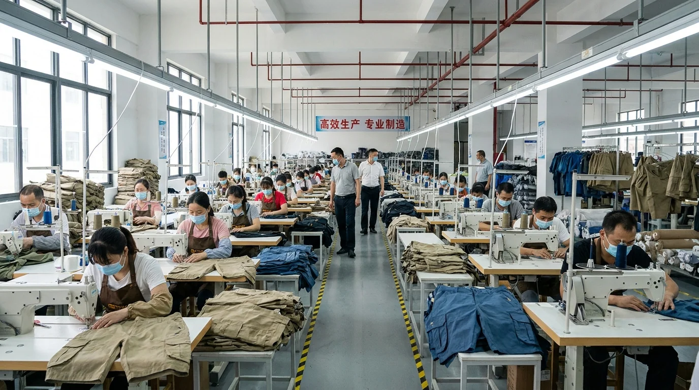 CustomFishingWear factory production floor for custom fishing shorts