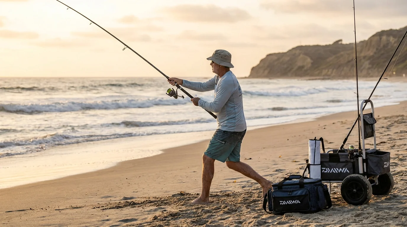 Beach fishing angler scene matching sand-resistant fishing shorts