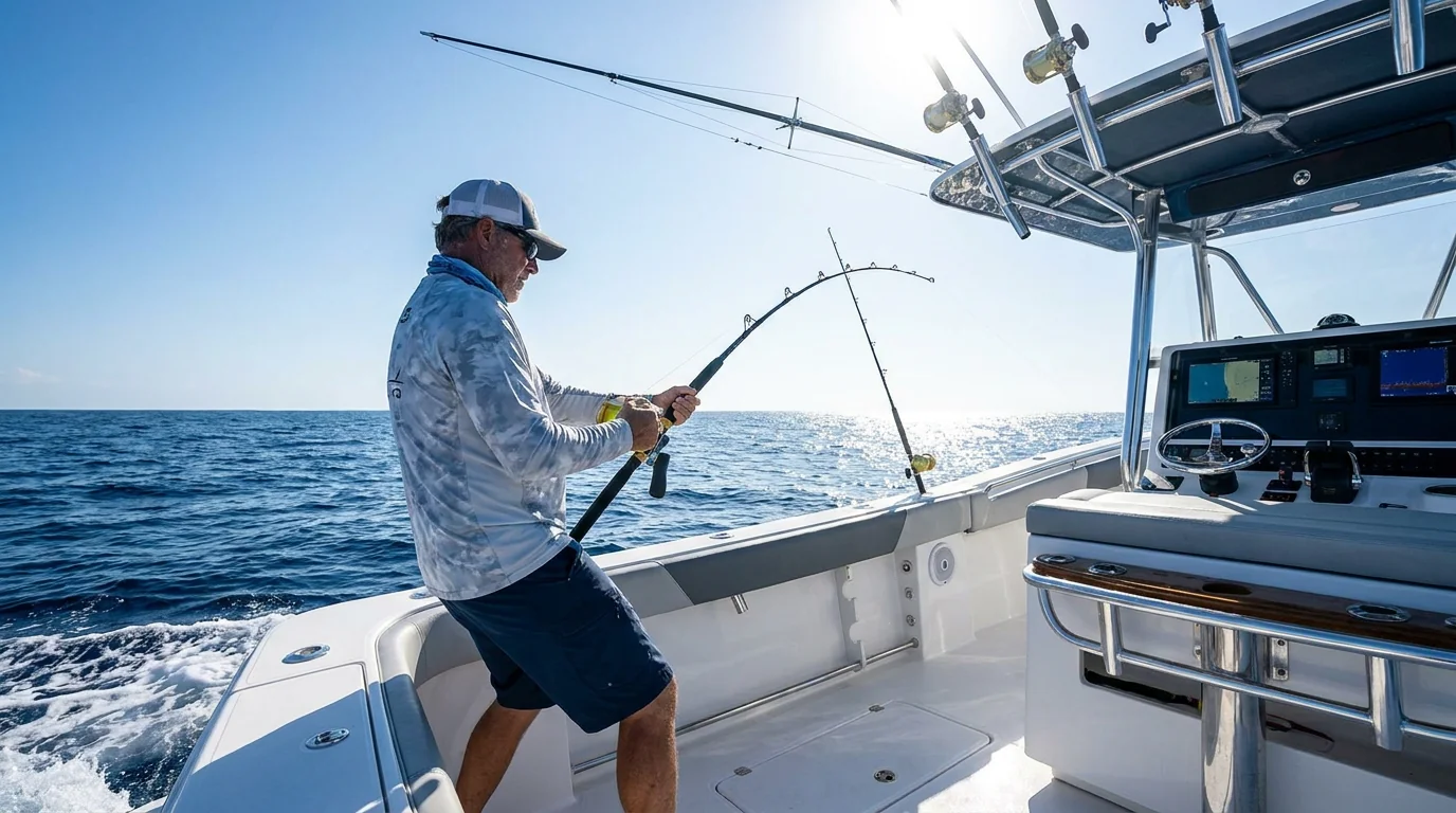 Boat deck fishing scene matching drainage-equipped fishing shorts