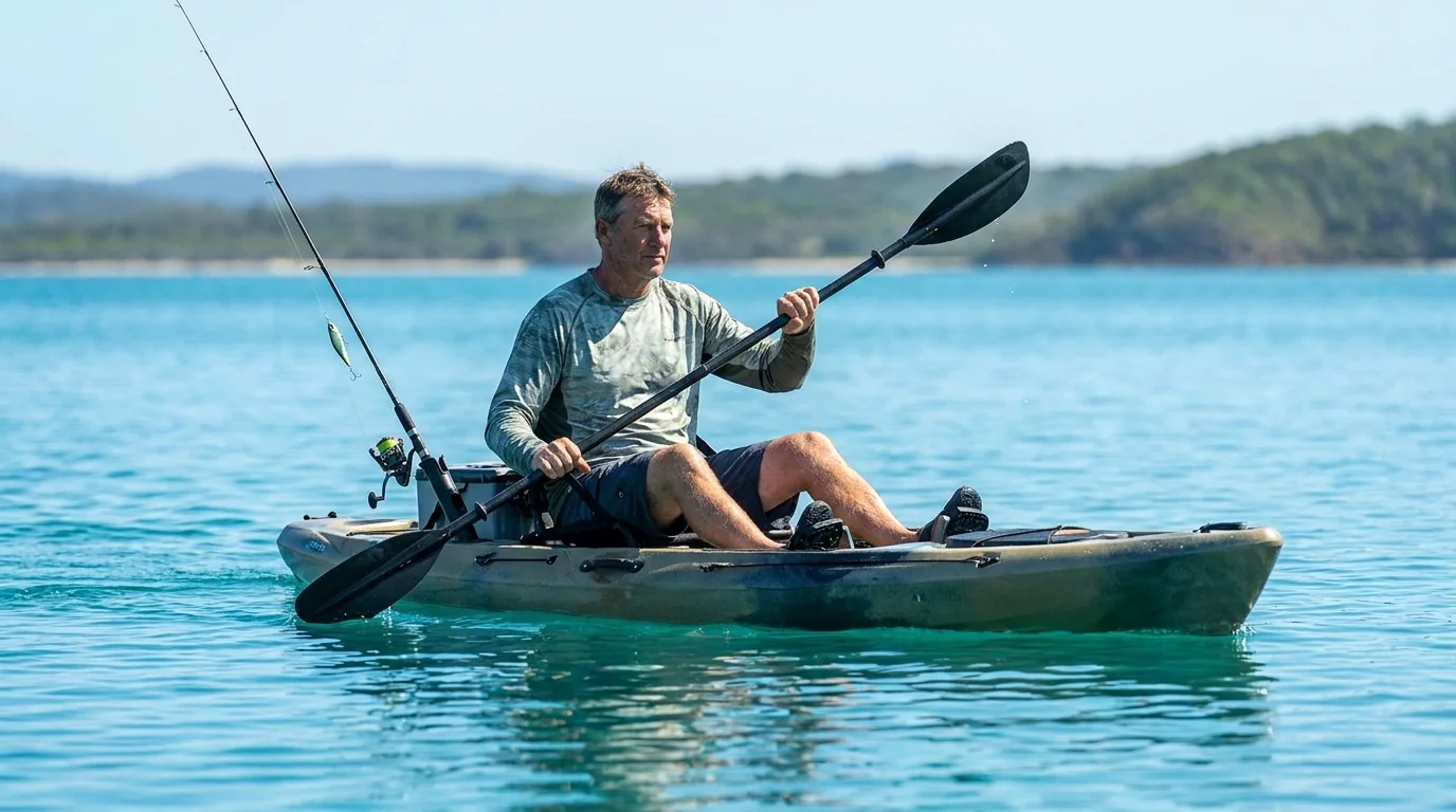 Kayak fishing paddler scene matching flexible non-restrictive fishing shorts