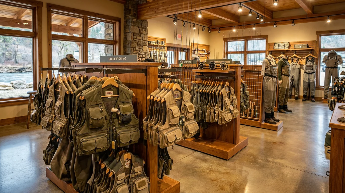 River fishing outfitter retail floor with guide vests on display