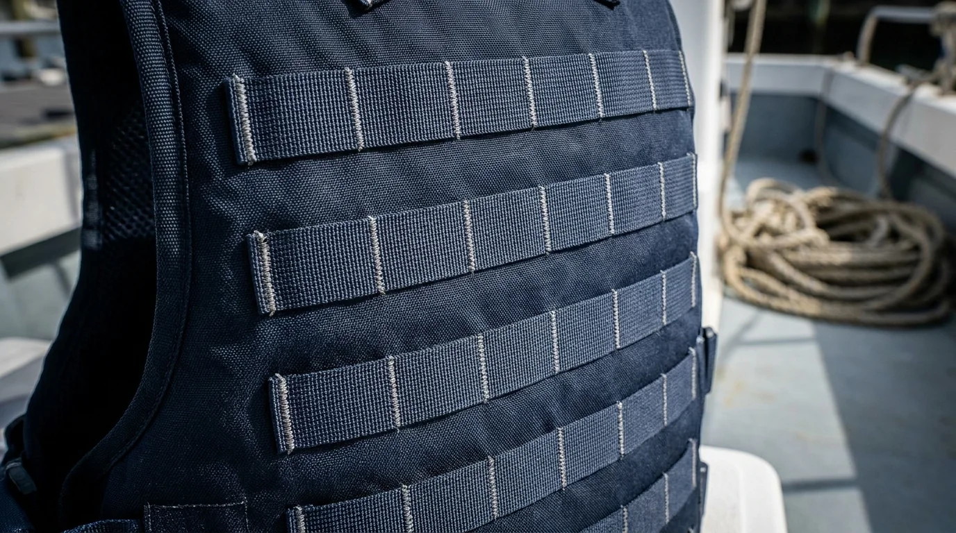 MOLLE webbing panel on the back of a tactical fishing vest