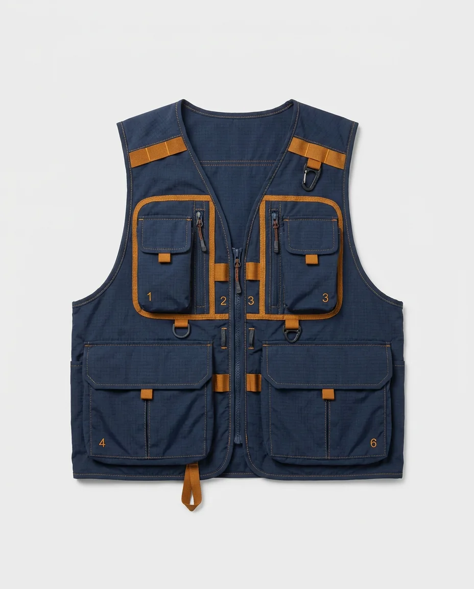 Fishing vest front panel layout diagram with numbered pocket positions
