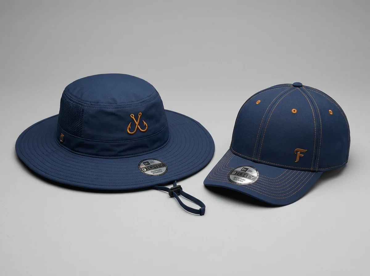 Custom logo fishing hats complete the uniform