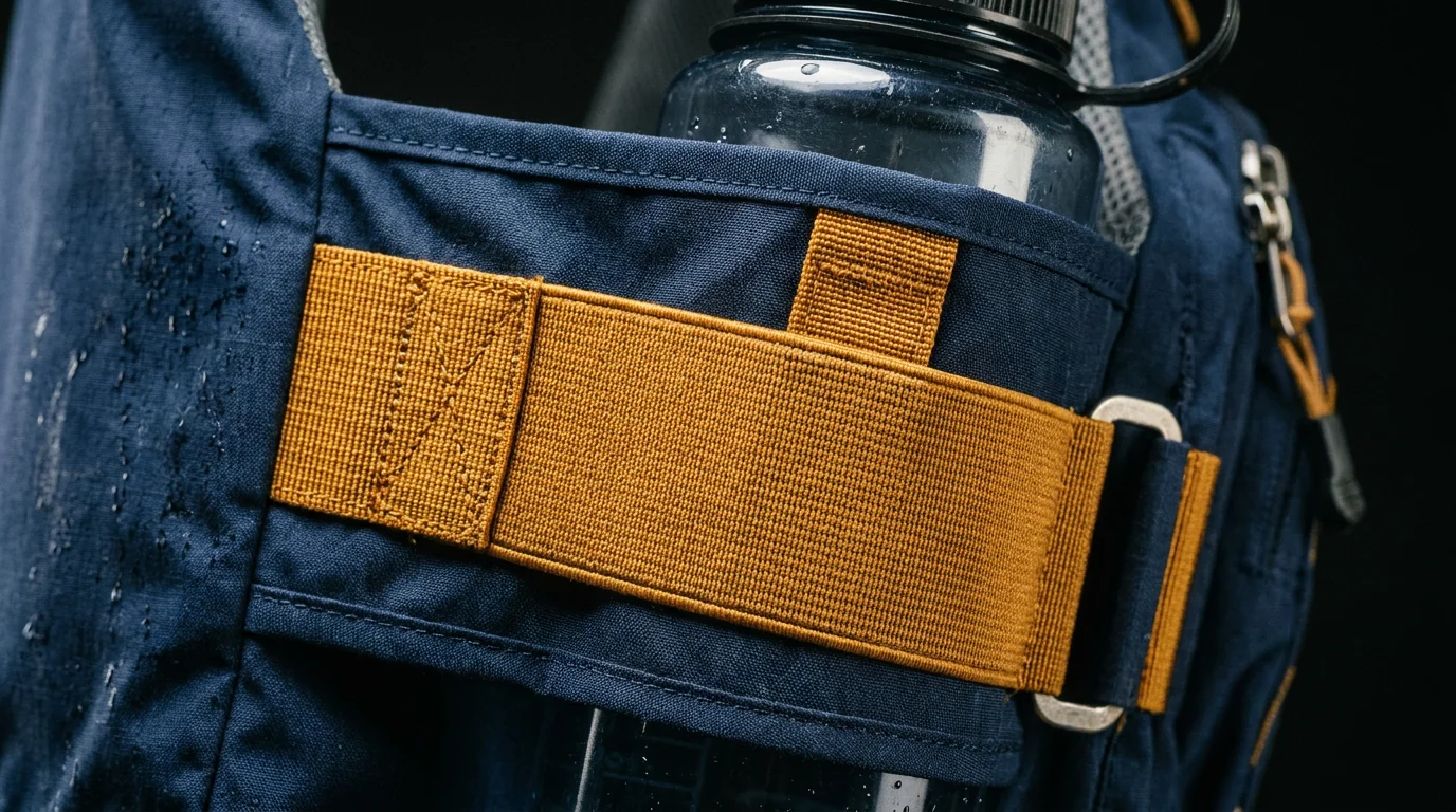 Side-access bottle loop on the lower side panel of a fishing vest