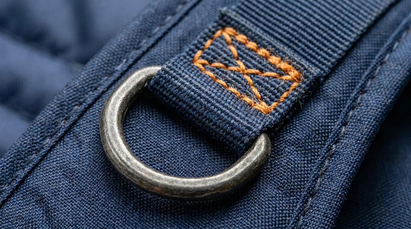 Heavy-duty D-ring attached to fishing vest shoulder strap