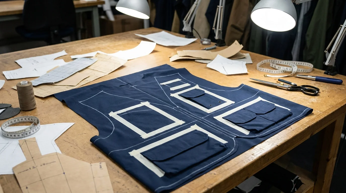 Vest pattern showing modular pocket layout positions