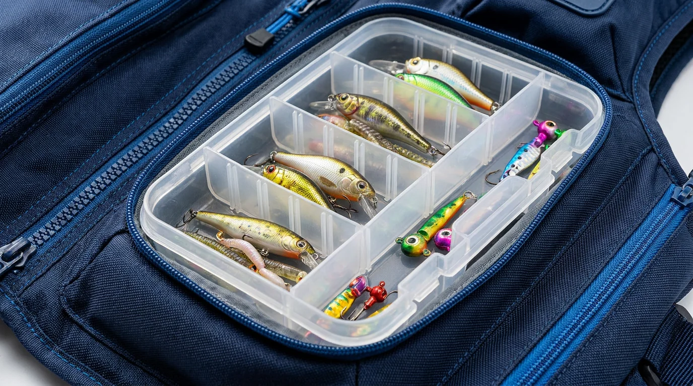 Close-up of tackle storage compartment in fishing vest