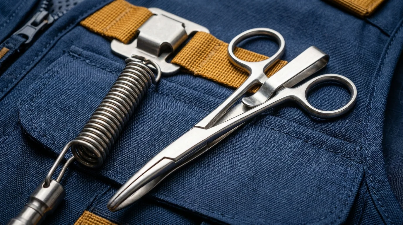 Retractor loop and tool dock with forceps attached to vest chest panel