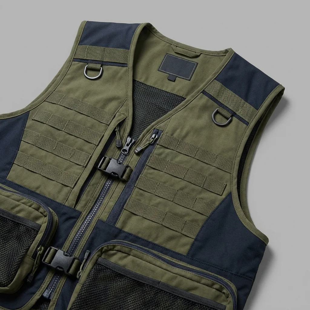 Tactical fishing vest with MOLLE webbing and modular D-ring attachment system