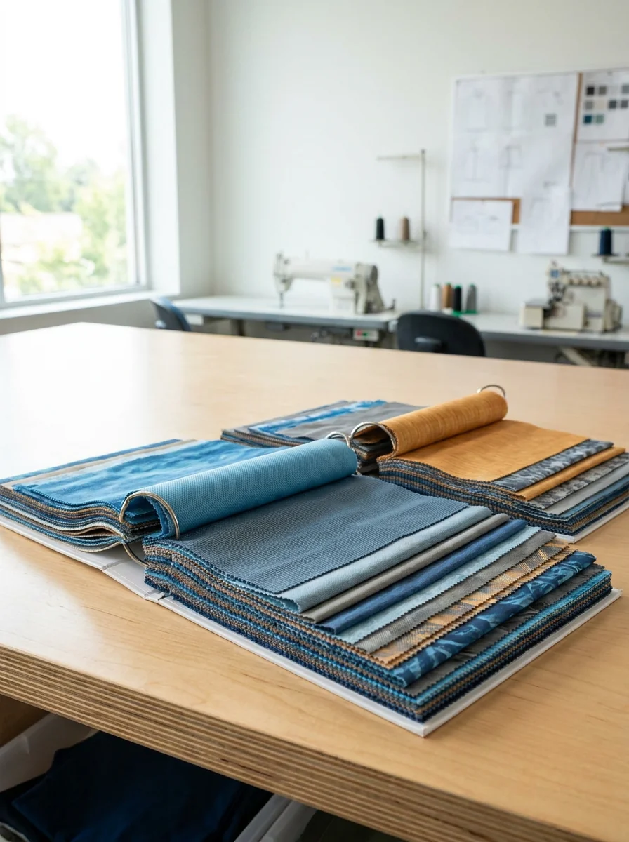 Performance fishing fabric swatch book on workshop table