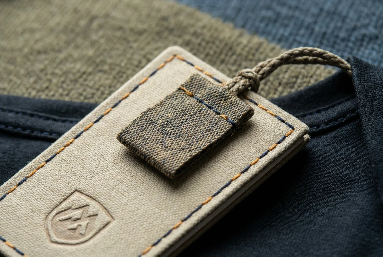 Sample tag closeup on a finished fishing apparel piece