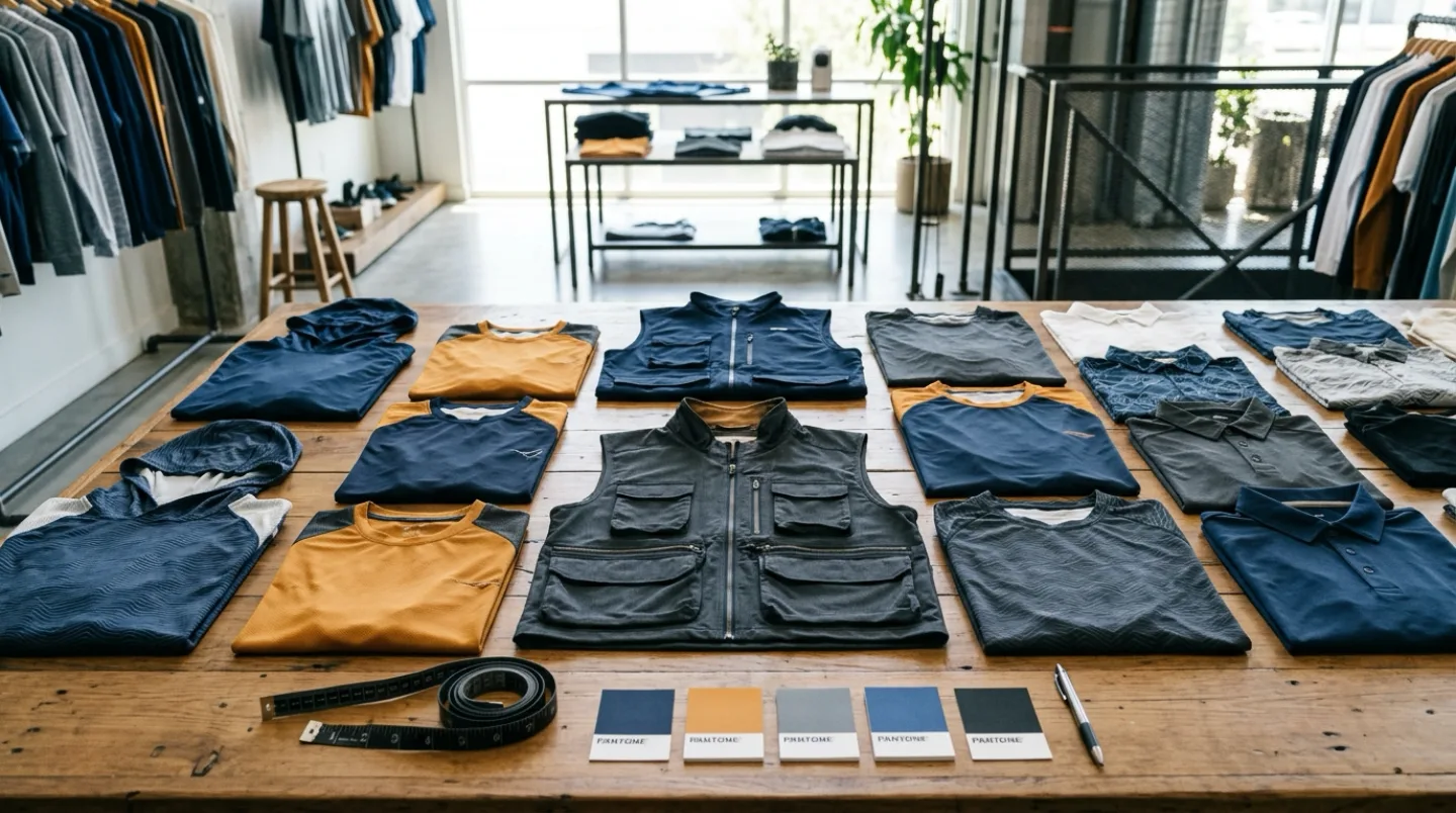 Fishing apparel samples laid out on a buyer review table