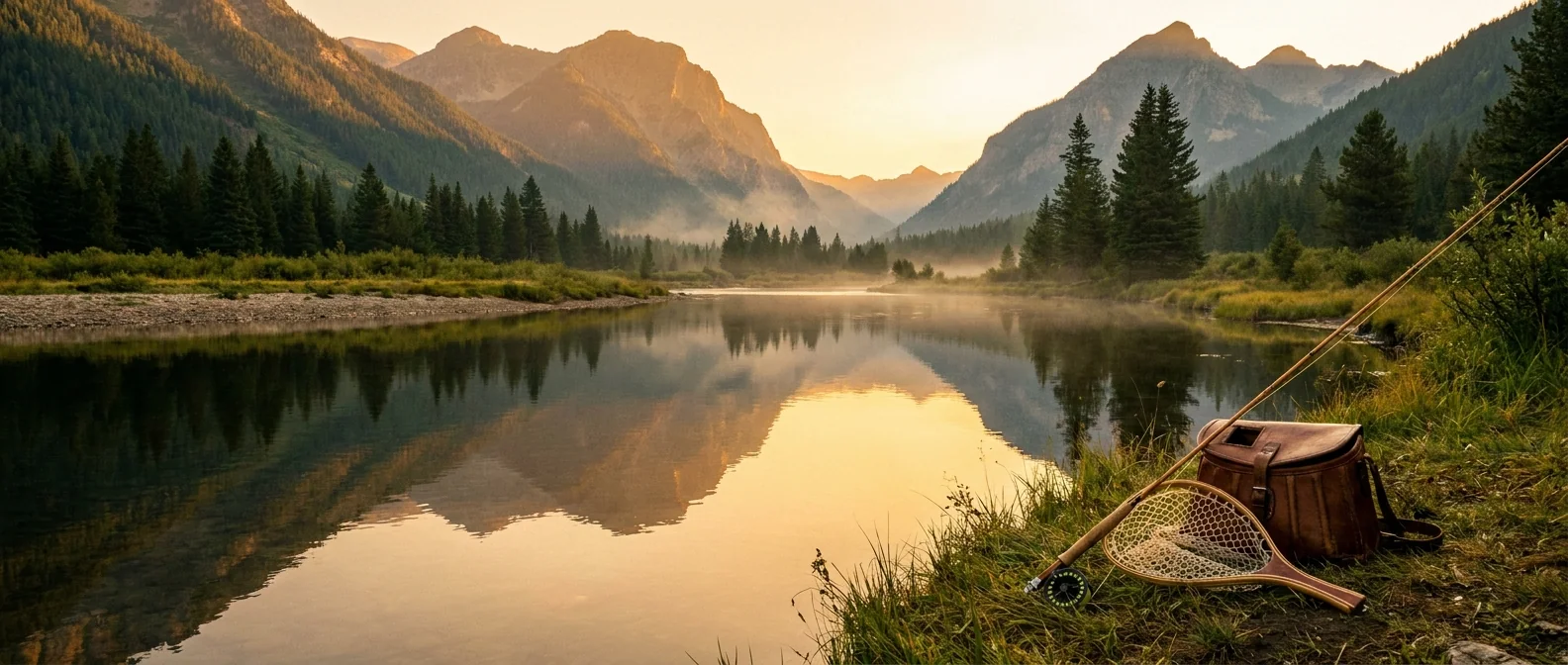 Mountain river at sunset for fly fishing apparel CTA