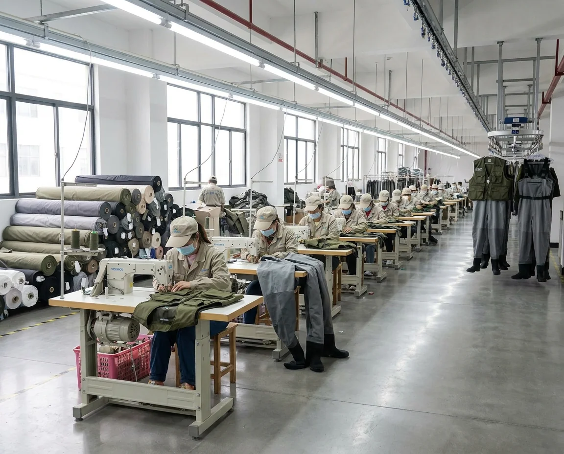 CustomFishingWear fly fishing apparel kit produced on the factory floor