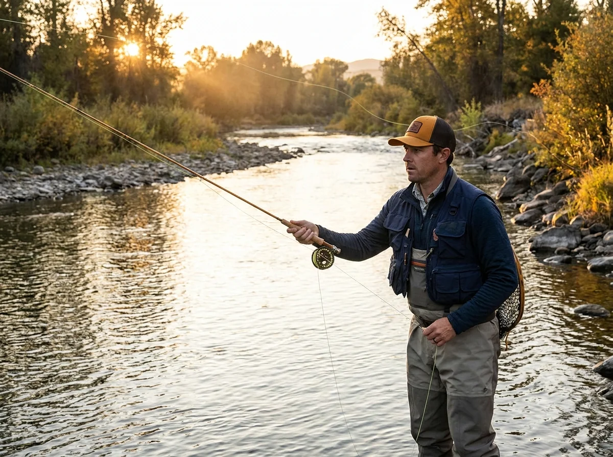 River wading fly fishing scenario in custom apparel