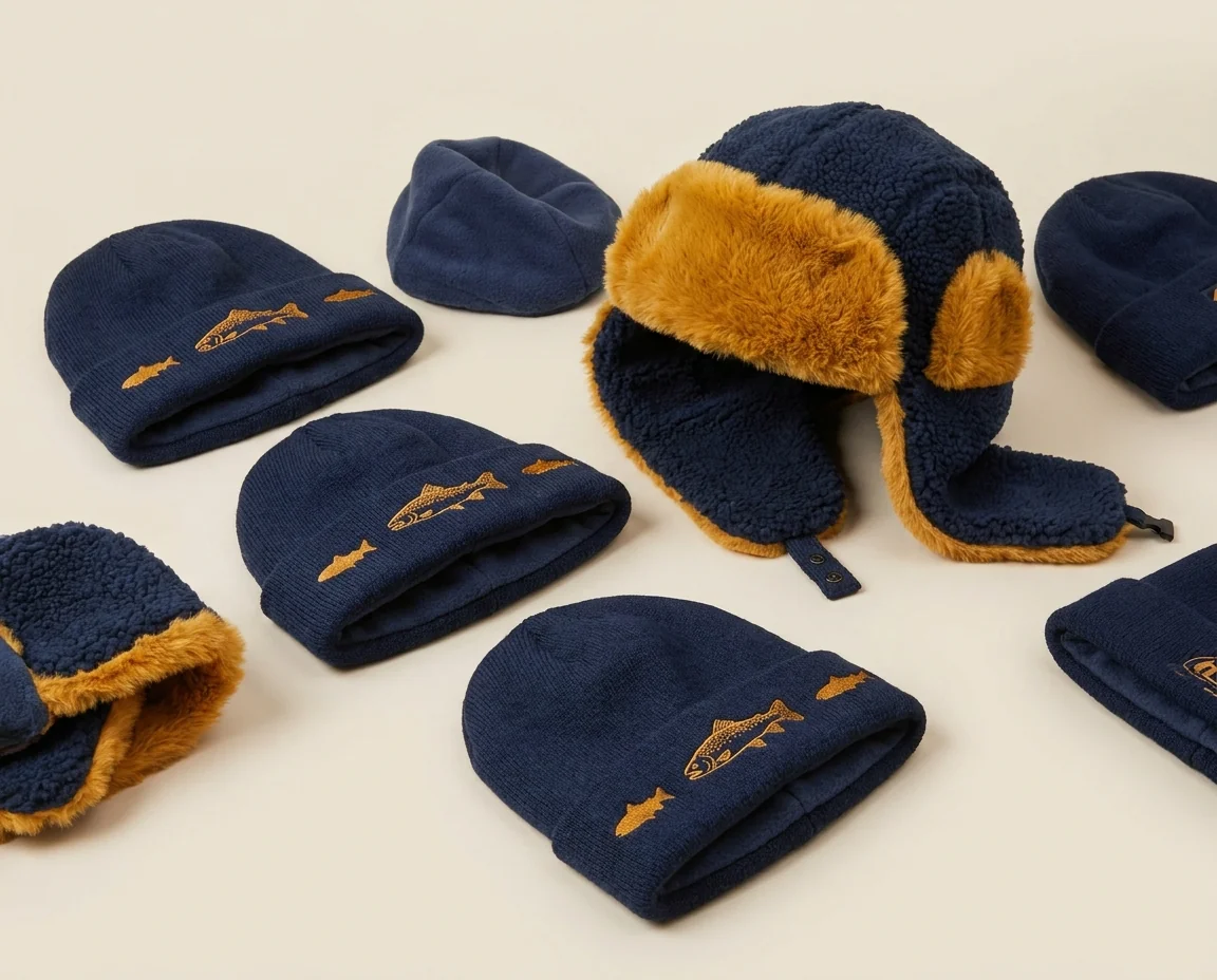 Custom fleece-lined winter fishing hats and beanies