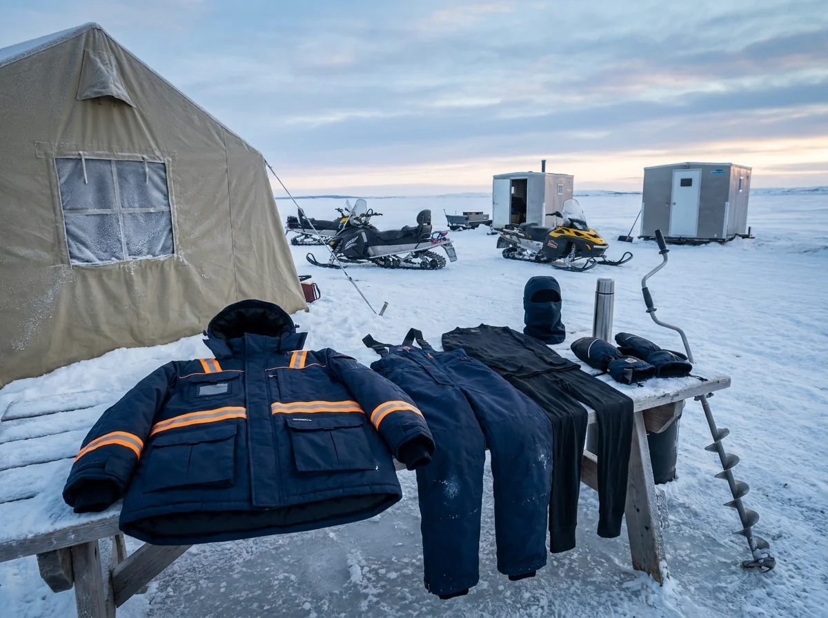 Extreme arctic ice fishing apparel kit on the camp