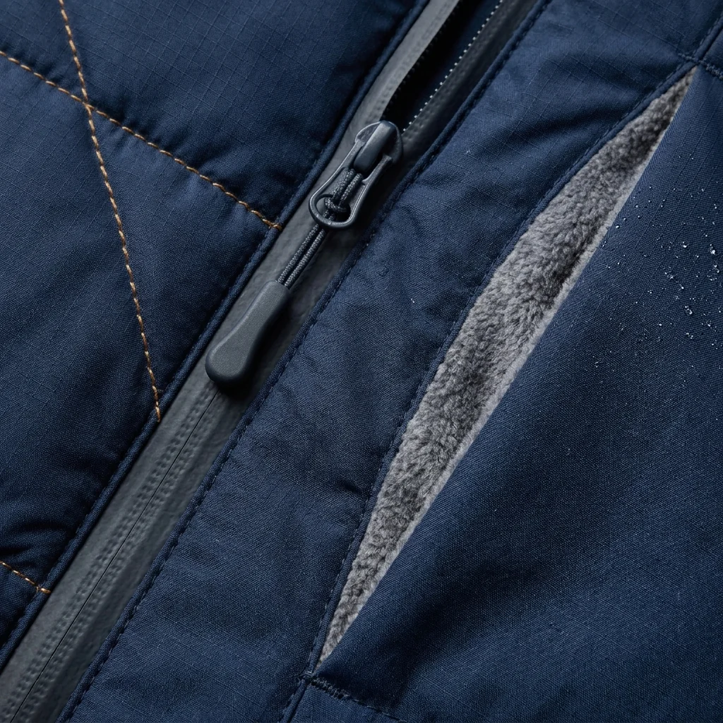 Close-up of insulated ice fishing apparel detail