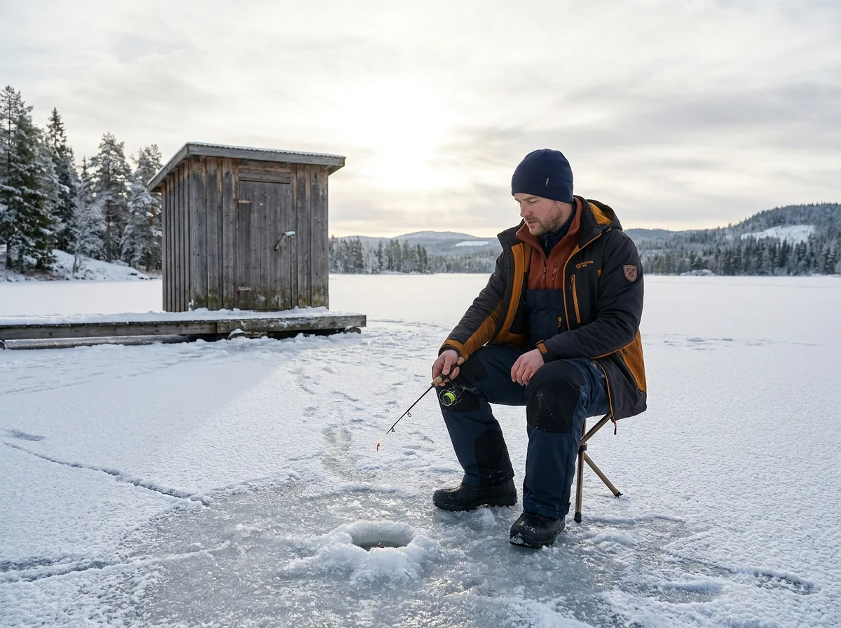 Early winter ice fishing cabin scenario with lightweight thermal