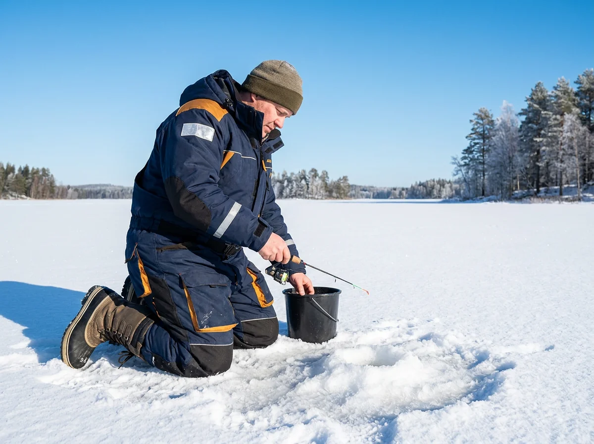 Frozen lake ice fishing scenario with custom insulated bib
