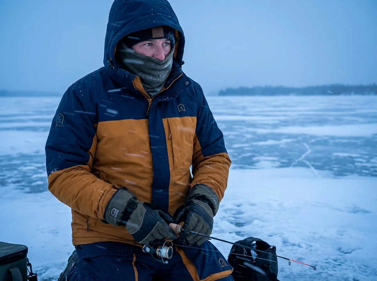 Windy open ice fishing scenario with windproof apparel