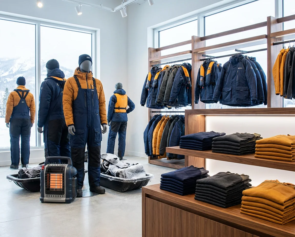 Winter outdoor retail market with ice fishing apparel display