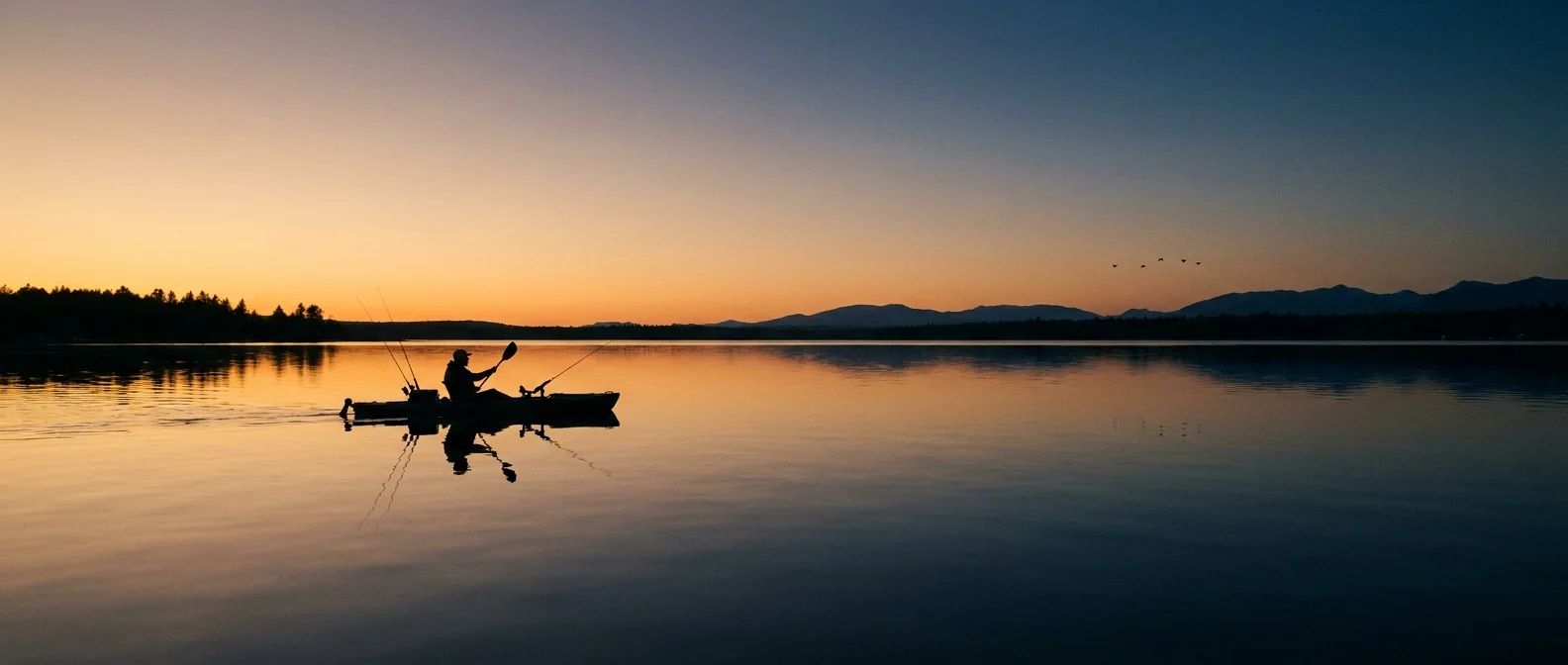 Kayak fishing apparel program at sunset on the water