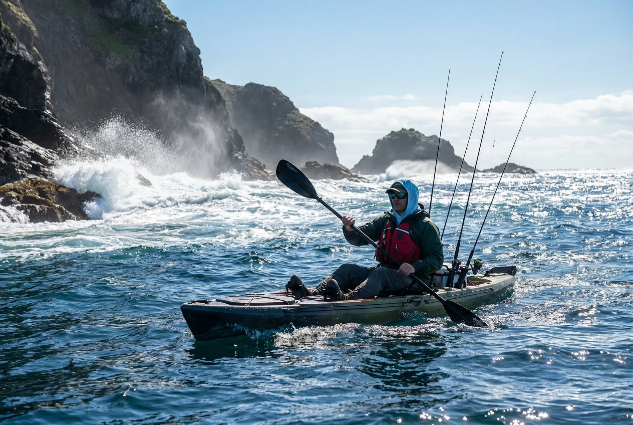 Coastal kayak ocean fishing scenario with splash-resistant layers