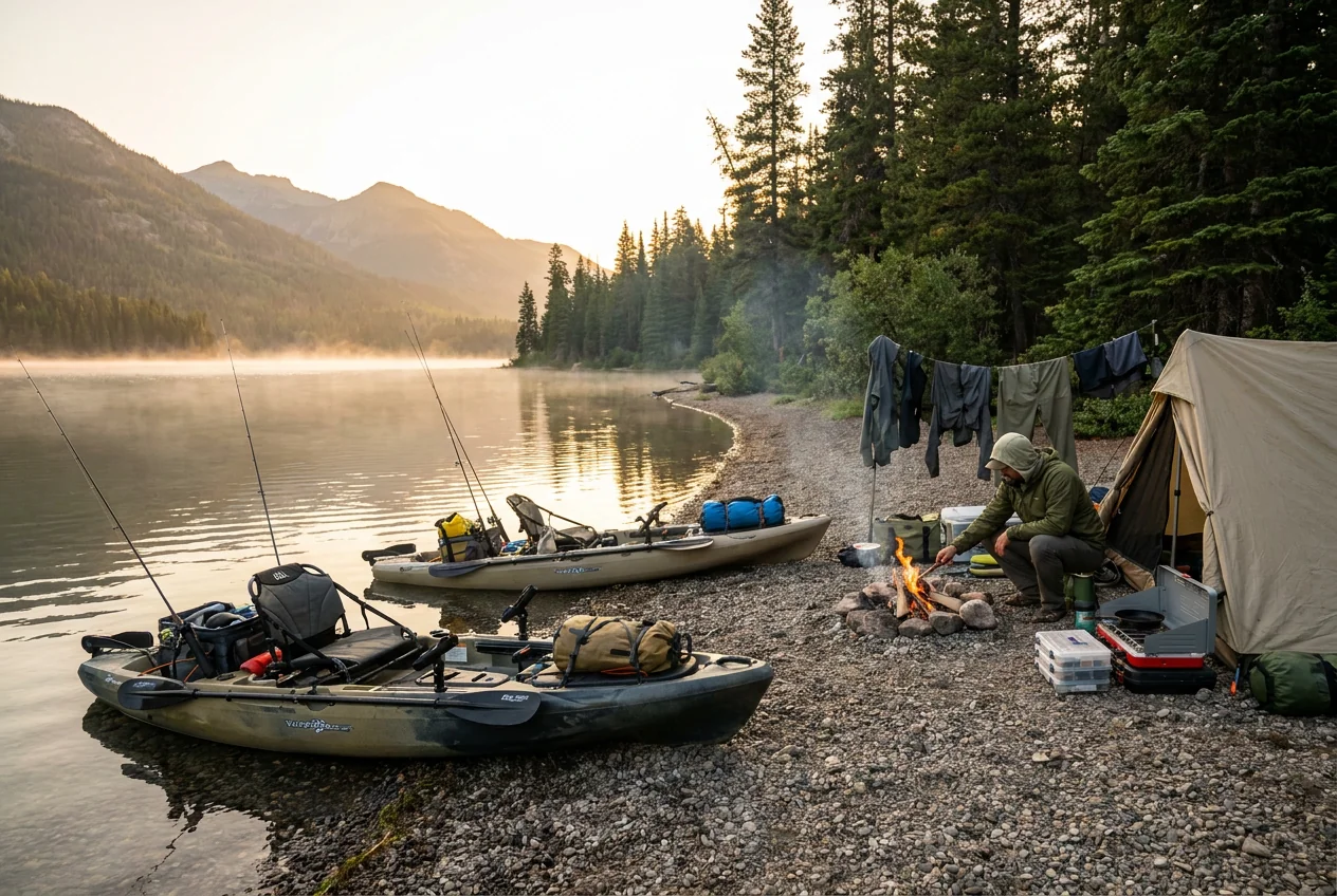 Multi-day kayak fishing expedition camp scenario with packable apparel system