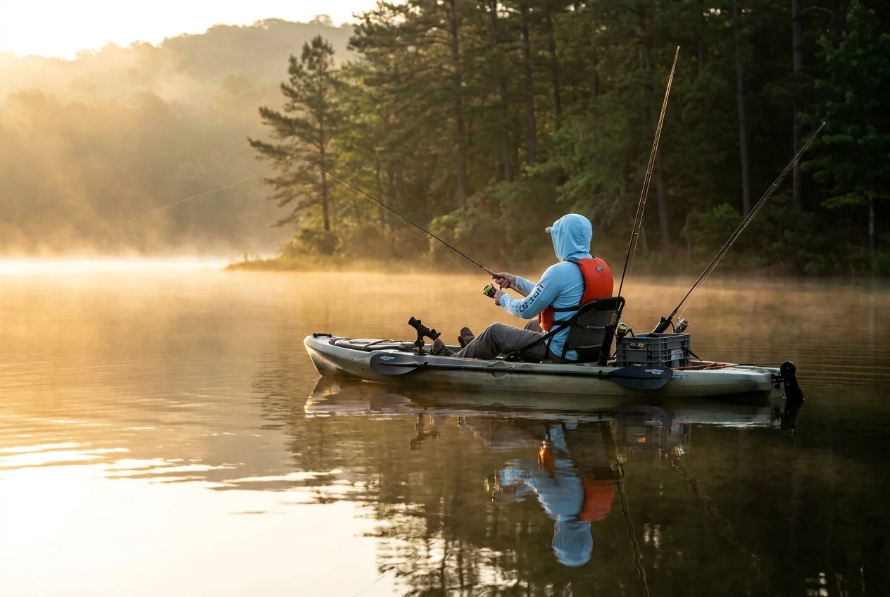 Freshwater lake kayak fishing scenario at sunrise