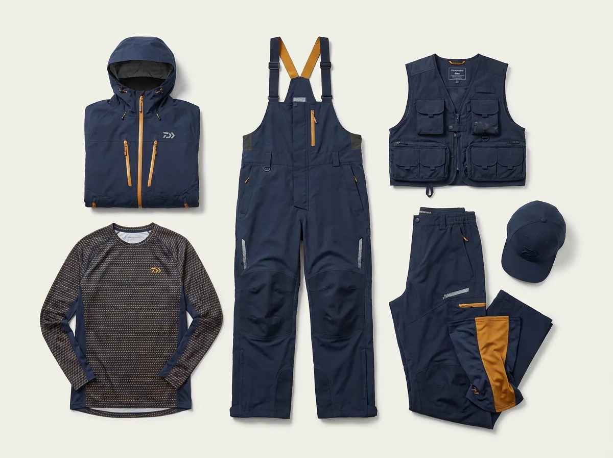 Premium-tier full saltwater fishing apparel collection on display