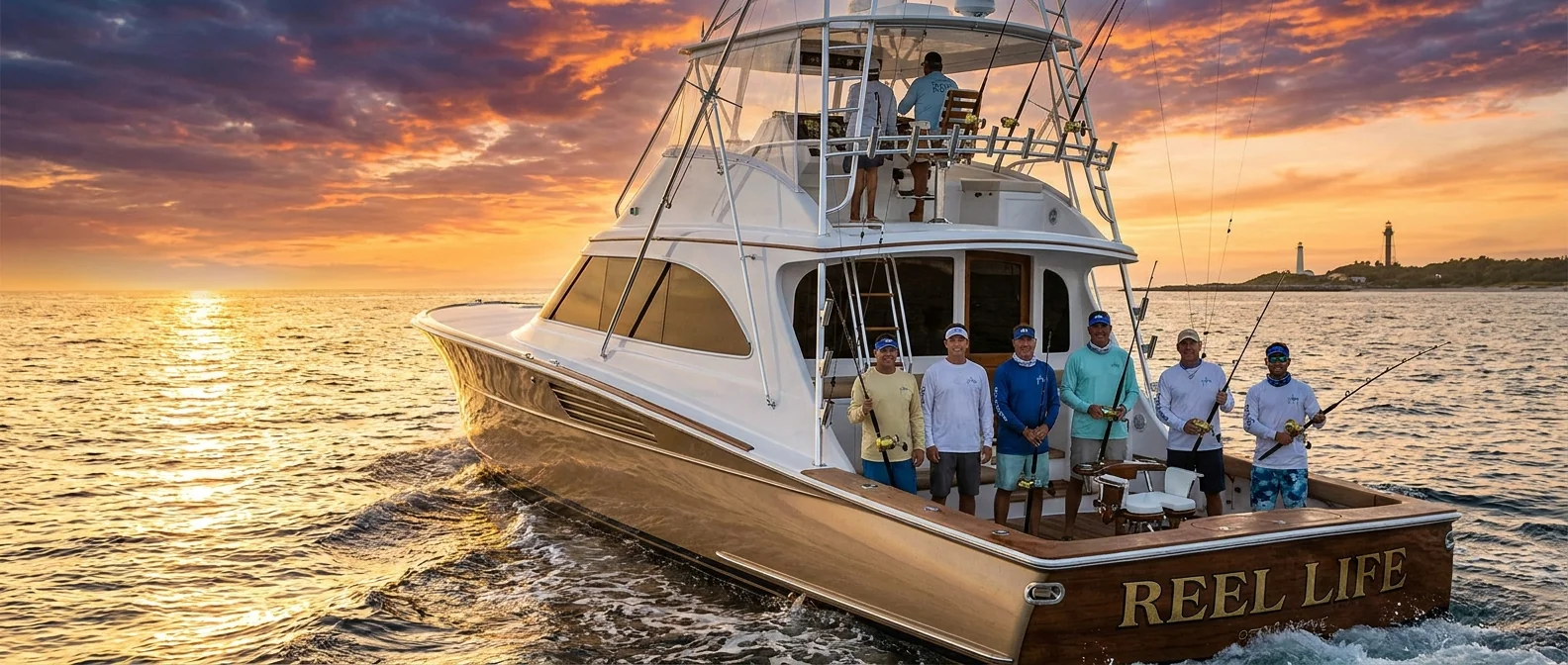 Saltwater fishing apparel program at sea at sunset