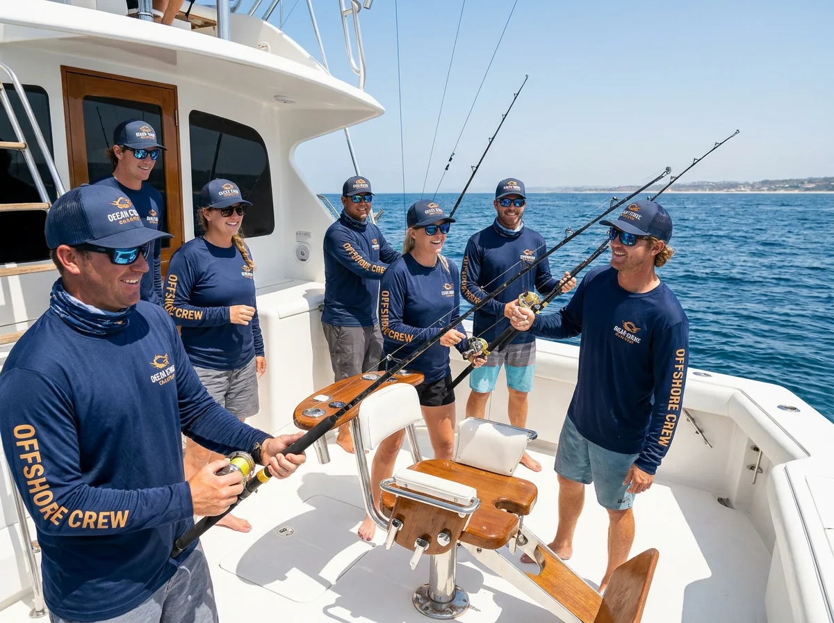 Charter boat fishing scenario with team-uniform saltwater apparel