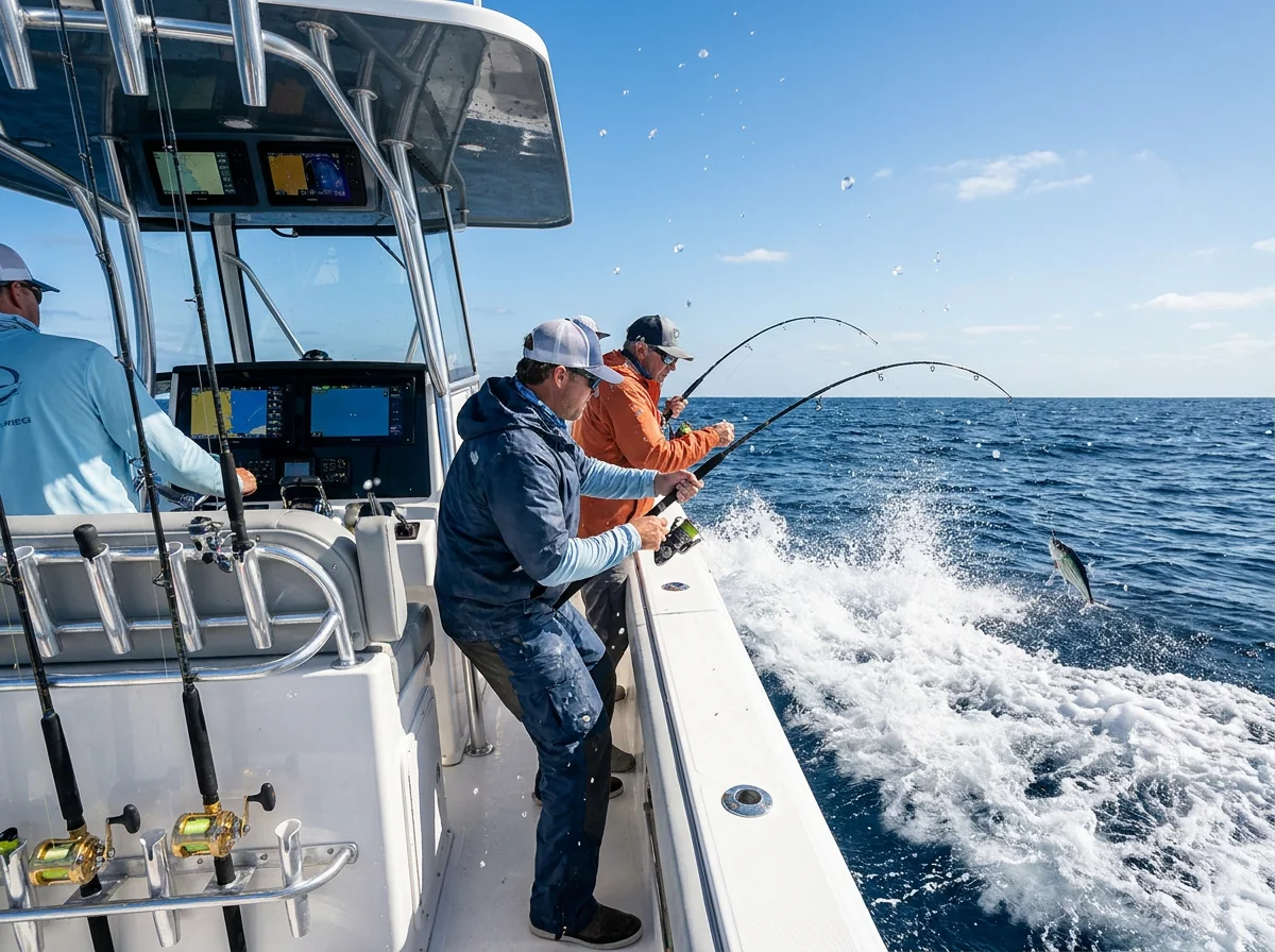 Offshore deep-sea fishing scenario with custom saltwater apparel
