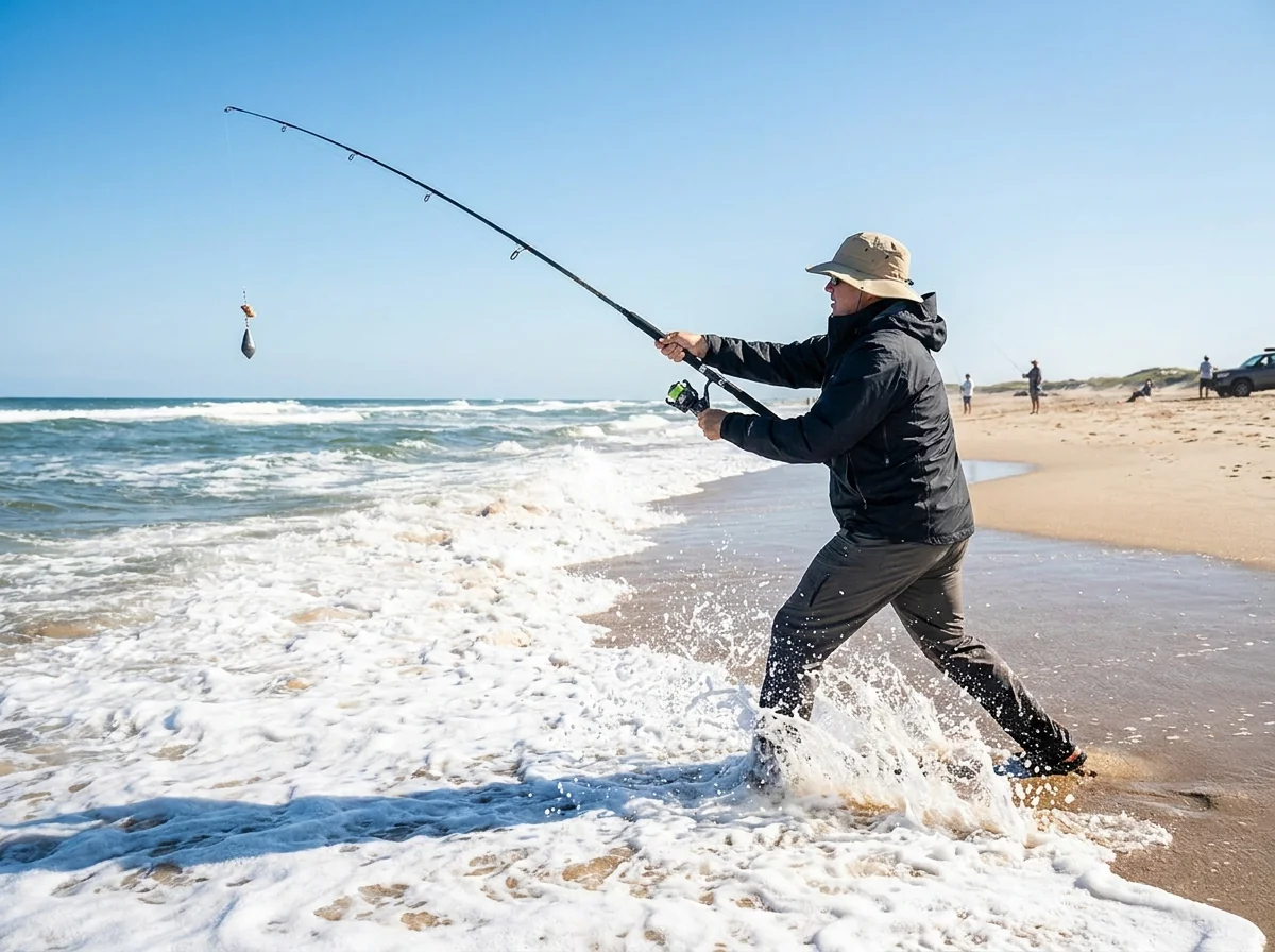 Surf fishing scenario with waterproof saltwater apparel